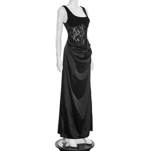 Robes pour femmes Viviblook C25DS446, nouvelle robe de soirée pour femmes, couleur unie, sexy, ajustée, sans manches, avec fente, patchwork en dentelle - Product Image 4