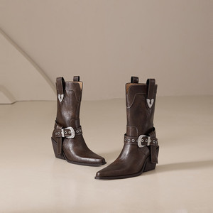<span class=keywords><strong>Bottes</strong></span> de cow-boy occidentales pour femmes, bout pointu, talon bloc, boucle en métal, <span class=keywords><strong>mi</strong></span>-<span class=keywords><strong>mollet</strong></span>, couleur marron - Product Image 4