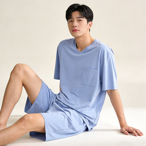 SUHE <b>PJ</b>-1456 <b>Men's</b> Cotton Pajamas <b>Set</b> <b>Short</b> Sleeve <b>Shorts</b> Ocean Blue Light Blue Thin Loose Fit Summer Sleepwear - Product Image 3