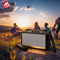 Speaker Karaoke Bluetooth Kabinet Kayu dengan 2 Mikrofon Nirkabel Suara Berkualitas Tinggi Portabel untuk Bernyanyi di Rumah, Pesta Keluarga