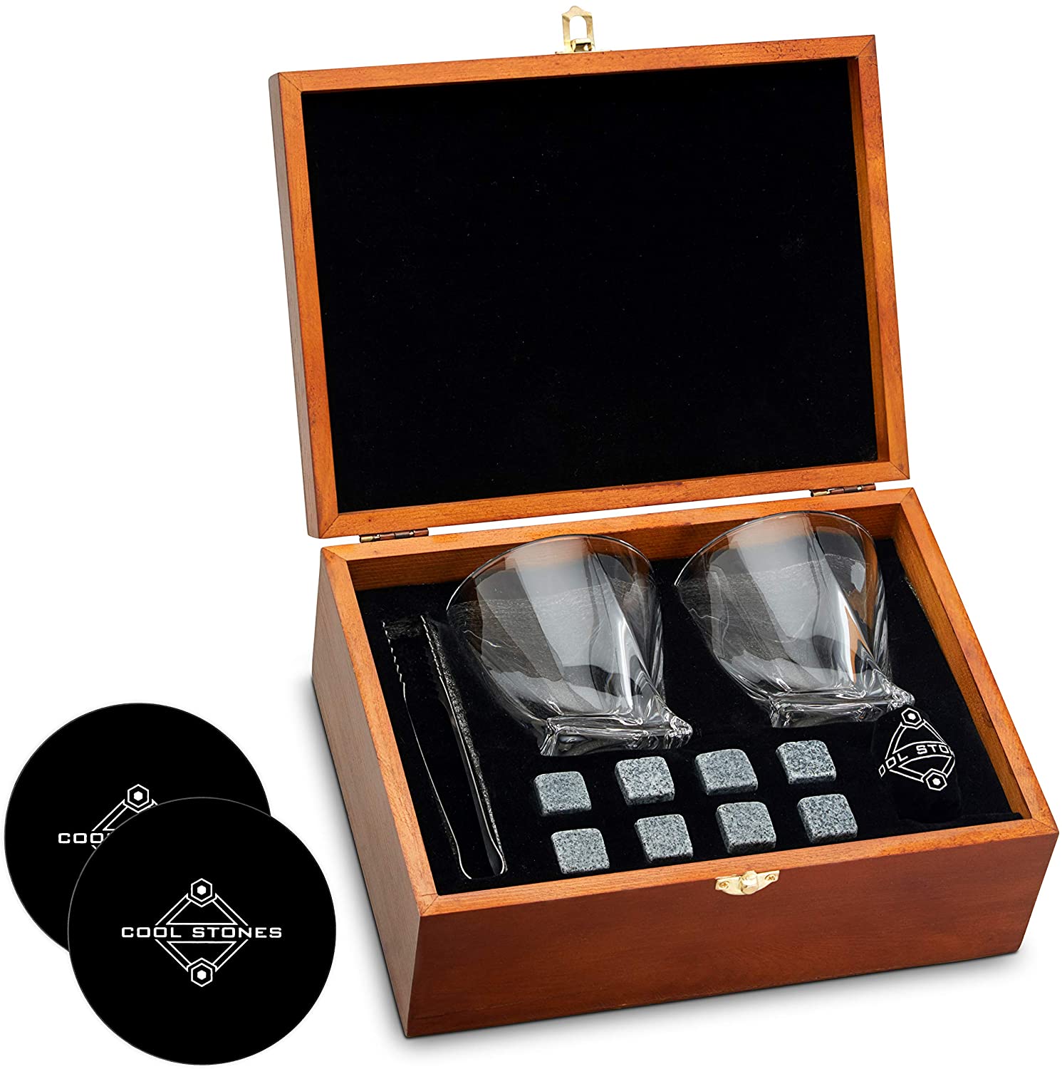 Whiskey Stones Gift Set 2 Twist Tumbler Glasses cocktail glasses wooden box