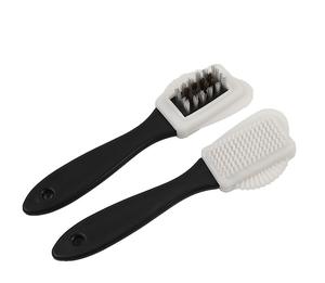Commercio all'ingrosso della fabbrica in pelle scamosciata e nabuk 4-Way Multi-funzionale spazzola per scarpe nero + bianco di plastica maniglia Private Label personalizzazione - Product Image 1