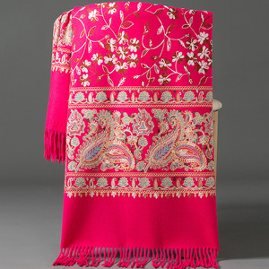 ผ้า Pashmina สำหรับผู้หญิงสไตล์จีนผ้าพันคอปักลายดอกไม้ผ้าคลุมไหล่หนาแบบดั้งเดิมของชนเผ่าขนาดใหญ่ฤดูหนาวฤดูใบไม้ร่วง