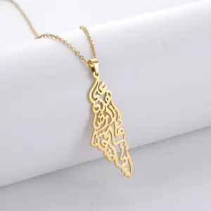 Delicate Cutout Hollow Stainless Steel Gold Color Chain Palestine Map Necklace