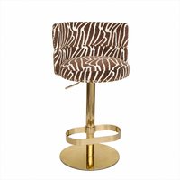 Chaise de bar pivotante moderne en velours à rayures zébrées, marron crème, garniture cloutée, siège rond rembourré, base dorée, réglage de la hauteur, pour café
