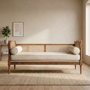 Sofá Cama Tradicional de Madera de Teca Ornamentada con Guilloché, Sillón con Patas Cónicas Acanaladas - Product Image 2