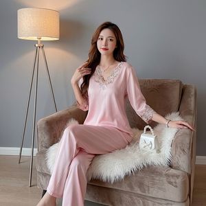 <span class=keywords><strong>Pigiama</strong></span> Estivo da Donna in Raso Sottile con Scollo a V, Maniche Corte, Vita Elastica, Asciugatura Rapida, Morbido, con <span class=keywords><strong>Pizzo</strong></span>, Vestibilità Ampia, Vendita all'Ingrosso - Product Image 2