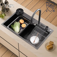 Évier de cuisine cascade en acier inoxydable 304 fait main, anti-rayures, à cuve unique, multifonction, surface brossée, à encastrer sous plan