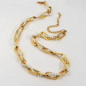 Designer Stainless Steel Jewelry Necklace Non Tarnish Gold Plated Twine Pearl Necklace Chunky Round Paperclip Necklace