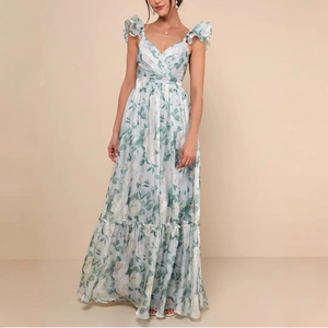 Robe de demoiselle d'honneur à imprimé floral, col en V, manches à volants, longue, verte, en polyester, élégante, pour invitées de mariage - Product Image 3