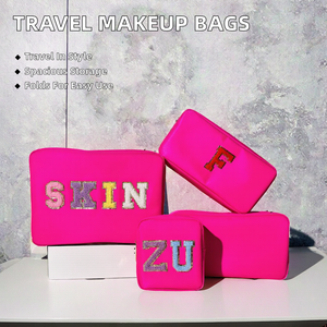 Grands sacs à fermeture éclair pliables en nylon, avec patchs brodés vierges en chenille pailletée, pour voyage, plage, femmes, vacances, cadeaux, maquillage, faible MOQ, en stock - Product Image 2