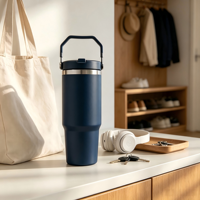 Gobelet de voyage isotherme avec poignée et paille rabattable, 20 oz, en acier inoxydable à double paroi, tasse à café réutilisable pour voiture