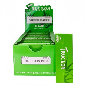 Papiers à rouler TRUCSON verts, format 1 1/4, fibres végétales naturelles, combustion lente, 50 feuilles + 50 filtres par carnet, 24 carnets par boîte - Product Image 6