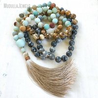 MN21302 Collier Mala 108 perles pour chant tribal, en Jaspe image et Amazonite, perles nouées à la main, pierre naturelle Map Stone, bijoux de yoga en gros
