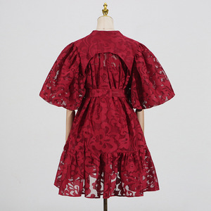 Nouvelle Robe Femme Rétro Imprimée à Boutonnage Simple, Taille Nouée, Manches Lanterne et Dentelle, Tendance - Product Image 5