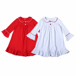 LANYE Christmas Children Pajamas Dress Cotton Ruffles Kids Girls Long Sleeve Sleepdress Baby Nightgown