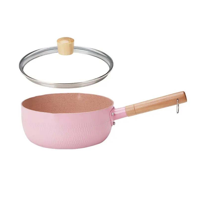 Hot Sale Pink Aluminium Antihaft Kochgeschirr Hot Milk Pan Sauce Pot mit Holzgriff und Glas abdeckung