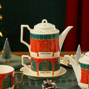 Service à thé en céramique, coffret cadeau souvenir de Noël, théière anglaise, tasses et soucoupes à café plaquées or - Product Image 6