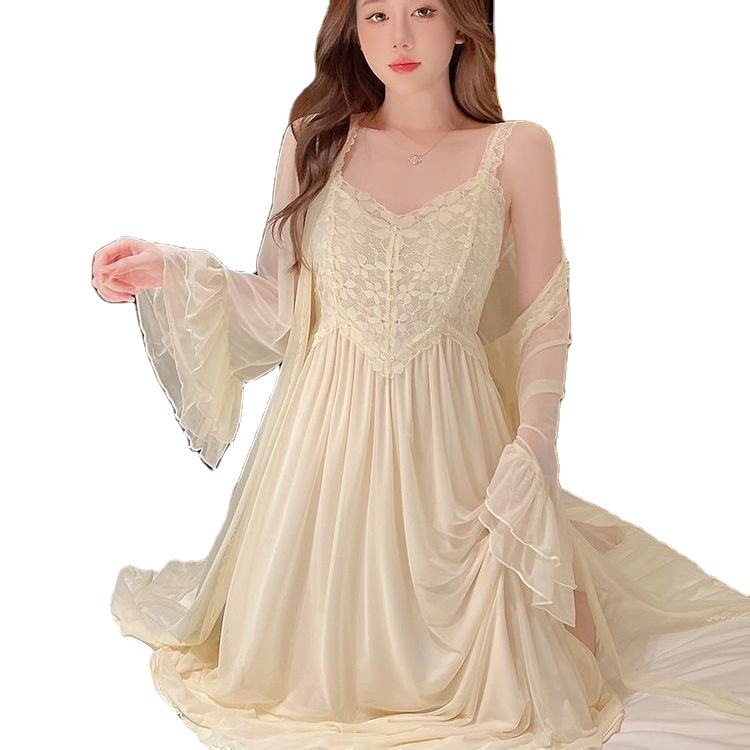 Women'S Pajamas Sexy Lingerie Lace Hot Nightwear 2 Pcs Nightdress Robe Set Sleepwear Women Long Sleeve Female Bathrobe Homewear