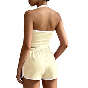 Women 2-Piece Sleeveless Halter Crop Top Shorts Set Striped Breathable Sporty Regular Fit Knitted Fabric Spring Summer Wear - Product Image 2