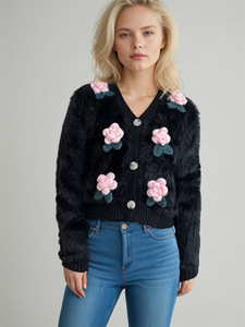 Knit <strong>Cardigan</strong> Women Fuzzy <strong>White</strong> 3D Crochet Rose V Neck Button Down Cropped Long Sleeve Soft Cozy Cute Fall Wholesale for <strong>Ladies</strong> - Product Image 4