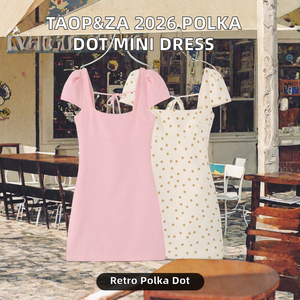 Mini robe à pois rose et crème avec col carré, manches courtes, dos noué, robe moulante décontractée d'été - Product Image 2