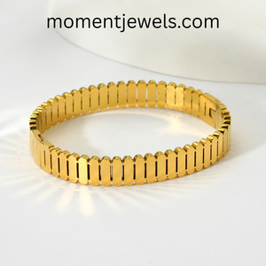 Brazalete de Acero Inoxidable con Rayas Acanaladas Chapado en Oro de 18K, Resistente al Agua y al Deslustre, Elegante Regalo para Mujer - Product Image 6