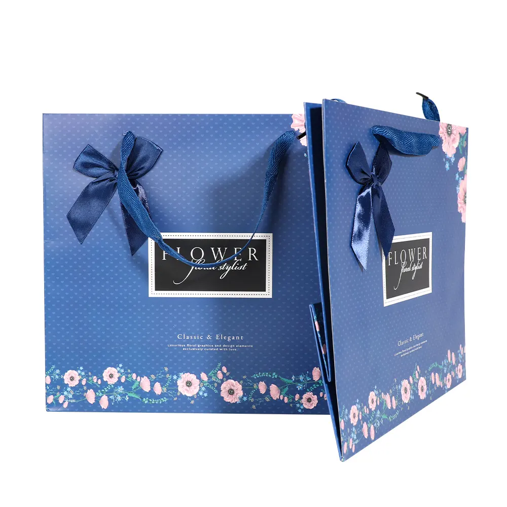 Blue Printing Kraft Paper Bags with Handles for Gift Packaging, Eco-Friendly Custom Size Paper Shopping Bags
