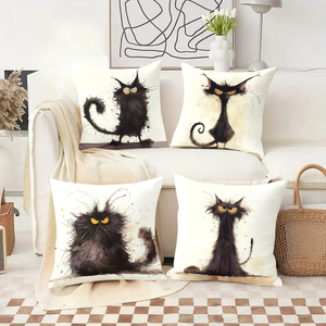 Set empat bantal hiasan berbentuk kucing hitam yang unik dengan dekorasi liburan yang meriah di latar belakangnya. - Product Image 2