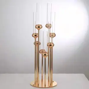 Zhuoyun 8 bracci tubo di vetro candela bastone decorazione di cerimonia nuziale centrotavola candelabri in metallo dorato