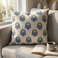 Housse de coussin décorative en coton 100% à imprimé bloc bleu-vert, motif floral indien, pour canapé et chambre à coucher