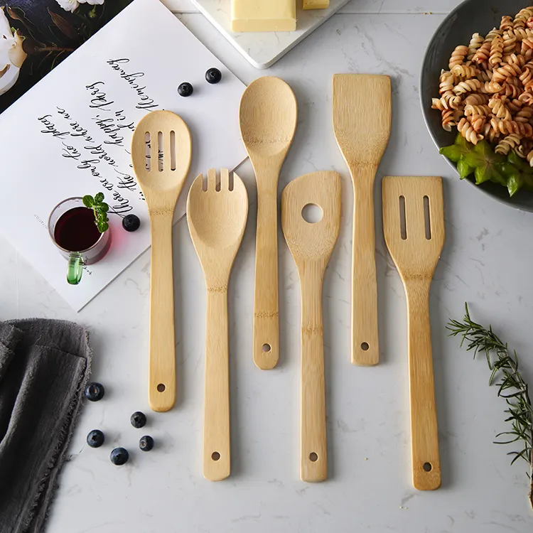 Wholesale Solid Bamboo Wood Kitchen Non-stick Server Slotted Spoon Solid Spoon Spatula Cooking Utensils