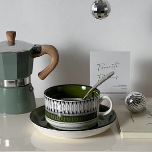 Retro Green Ceramic Coffee <b>Cup</b> <b>Saucer</b> Set Large Capacity Creative Nordic Style Modern Porcelain Tea Afternoon Mug Flower <b>Cup</b> - Product Image 5