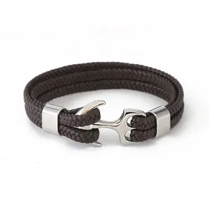 Moda Jóias Brown Color Multi Layer Vintage Woven Leather Rope Anchor Stainless Steel Bracelet For Men