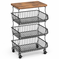 Panier à fruits et légumes avec dessus en bois, chariot de rangement de cuisine empilable en fil métallique, étagère roulante, organisateur personnalisé OEM