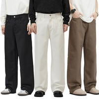 Jean décontracté pour homme, coupe droite ample, taille mi-haute, denim délavé moyen, couleur unie, haut de gamme, collection automne