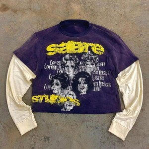 <span class=keywords><strong>Custom</strong></span> Cropped Vintage Double Layer T-Shirt mit langen Waffel ärmeln für Männer Baumwolle Streetwear Distressed Stone Acid Wash Top - Product Image 3