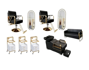 ชุดเฟอร์นิเจอร์ร้านตัดผมสมัยใหม่ สีดำทอง เก้าอี้ตัดผมไฮดรอลิก เตียงสระผม ตู้เก็บของร้านเสริมสวย อุปกรณ์ร้านทำผมครบชุด - Product Image 1