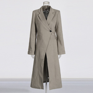 Bettergirl 2024 Autumn New Temperament Commuter Wind Waist Slimming Striped <strong>Coat</strong> Silhouette Slit Buckle Long <strong>Trench</strong> <strong>Coat</strong> - Product Image 2