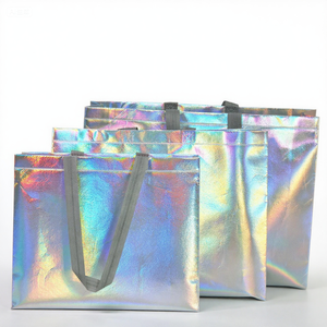 Custom Logo Reusable for Pink Holographic Metallic Shiny Laminated Non Woven Iridescent Gift Tote Bag Long Shopping Bag