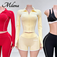 Ensemble de yoga pour femmes Milena, blanc avec bordure contrastée, logo personnalisé, nylon et élasthanne, vêtements de sport, tenue de sport, tenue de fitness, vêtements de sport ajustés