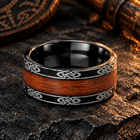 JLM Cincin Pria Baja Tahan Karat Hitam Antik Cincin Pernikahan Simpul Celtic Inlay Kayu Alami Hadiah Perhiasan Biker Punk