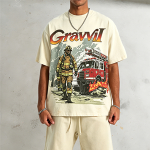 T-shirt vintage pour homme avec motif de pompier, col rond, manches courtes, style rétro, streetwear, décontracté, à porter au quotidien - Product Image 1