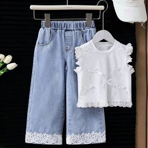 Girl <strong>Denim</strong> Clothing Set <strong>Ruffled</strong> Lace Sleeveless Solid Shirt + Jeans <strong>Pants</strong> 2 Pcs Outfit - Product Image 1
