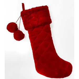 Holiday Living Red Pompom Big Quilted Faux Fur Cuff Holiday Season Decor Calcetín de Navidad en blanco - Product Image 1