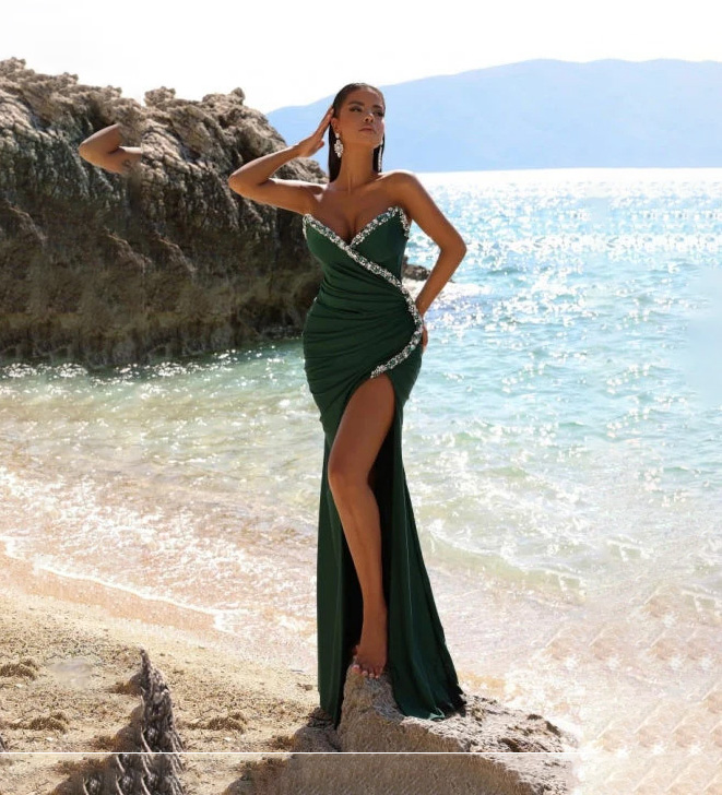 Elegant Dark Green Evening Gown V-Neck Sleeveless Mermaid Side Opening  Sequins Empire Waist Belt Ball Gown Vest Floor-Length| Alibaba.com