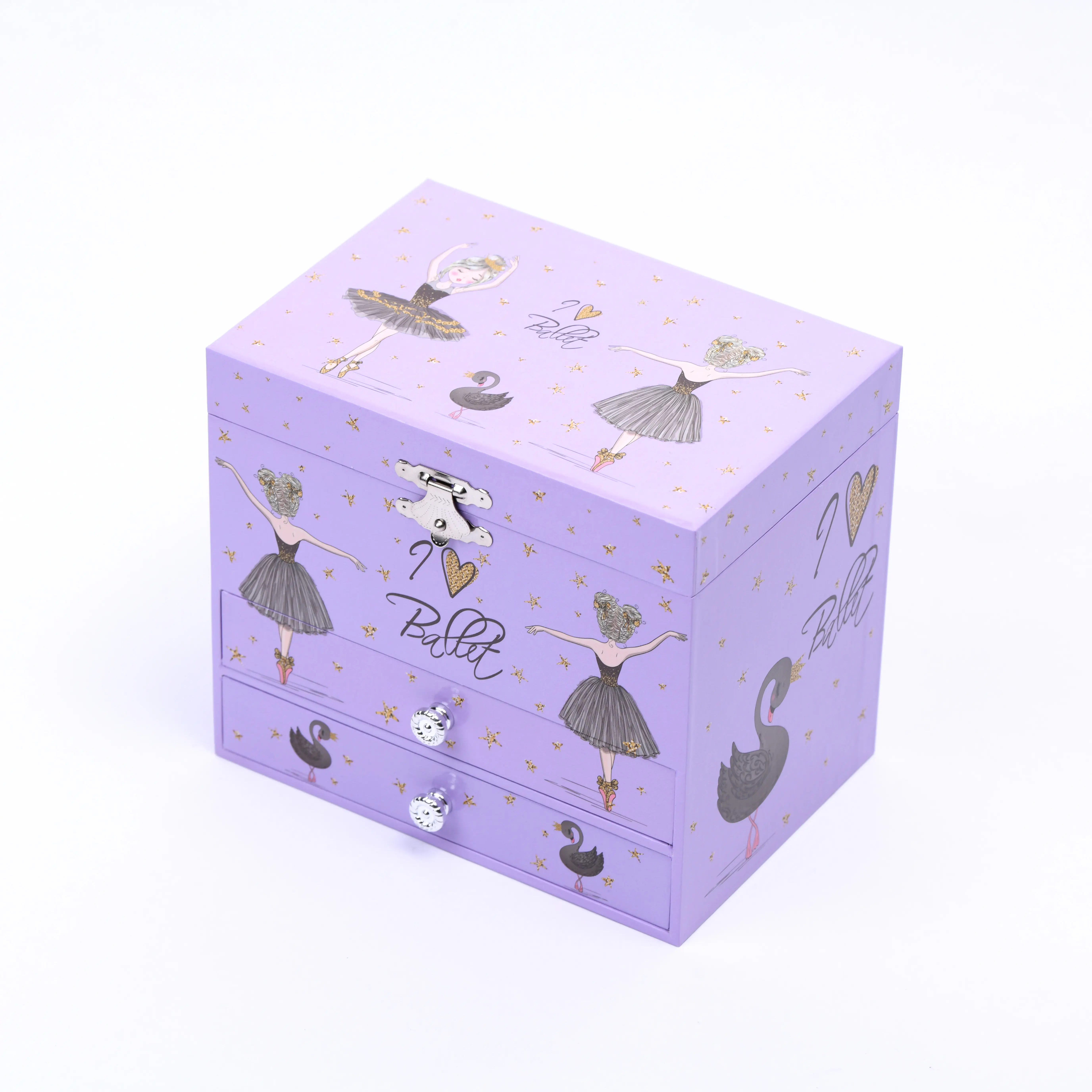 Caixa de joias de madeira para presente de aniversário de menina, caixa de joias de papel MDF para bailarina musical, novo design, fábrica brilhante de 2024, 175