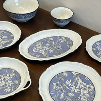Service de table vintage en céramique de style français, luxe léger rétro - Bols, assiettes, soucoupes, compatible micro-ondes, motif végétal, vente en gros