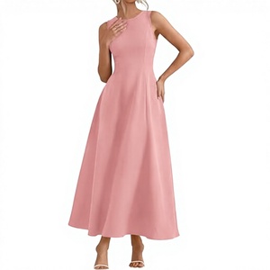 Robe midi élégante rose sans manches coupe trapèze en mousseline de soie couleur unie, robe de cocktail coupe droite taille naturelle - Product Image 3