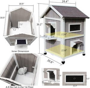 Casa para Gatos de Madera Maciza de 2 Pisos para Exteriores, Moderna Casa para Mascotas con Escaleras y Ventana, Refugio para Gatitos - Product Image 5